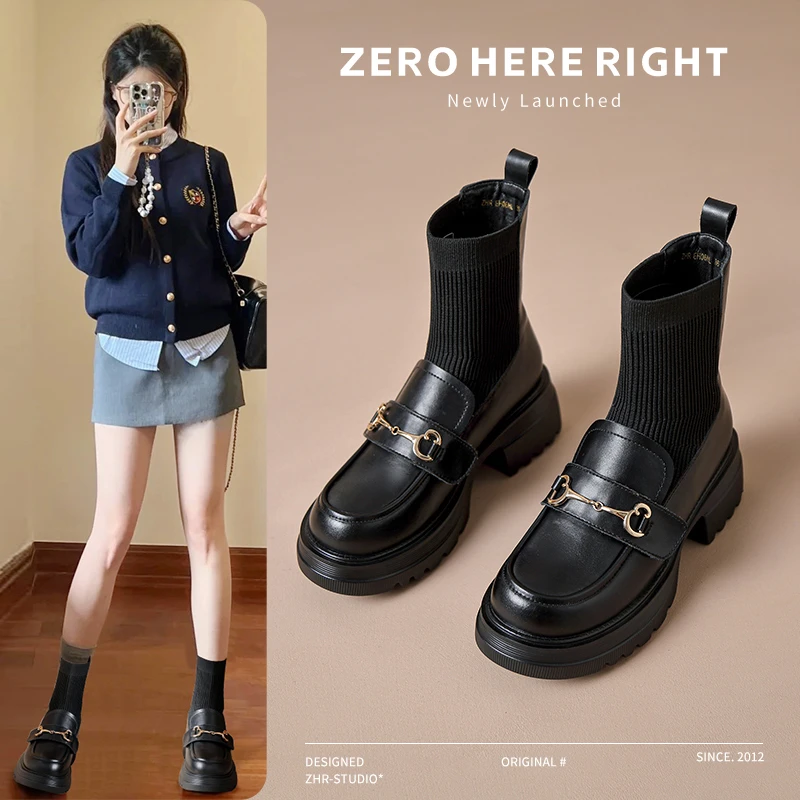 ZHR/则则乐福鞋真皮袜靴女2025秋冬加绒瘦瘦靴弹力袜子英伦风单靴