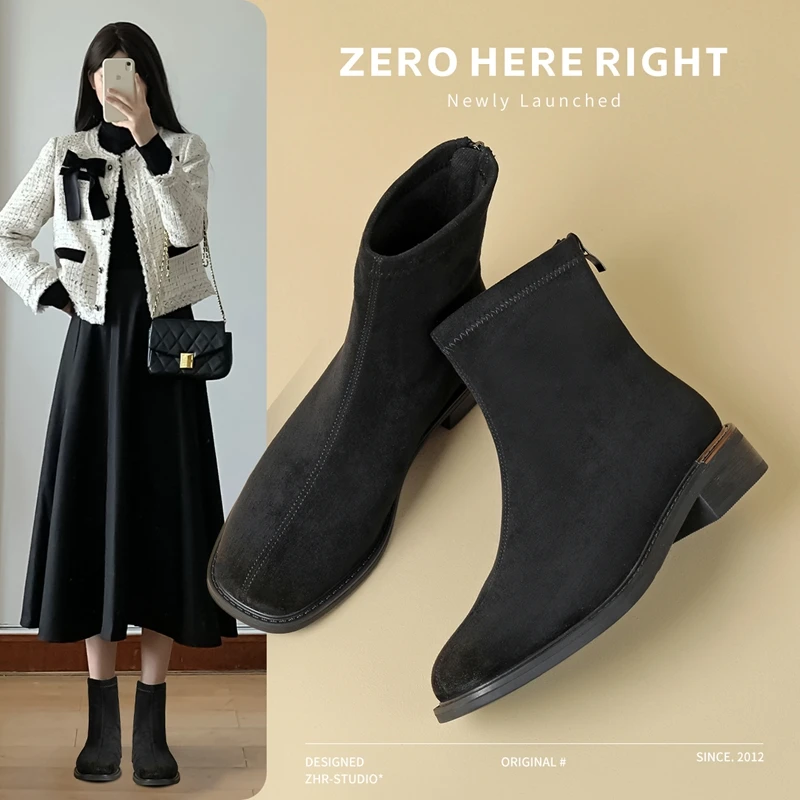 ZHR/则则复古方头瘦瘦靴女2025冬季绒面英伦风粗跟短靴百搭通勤靴