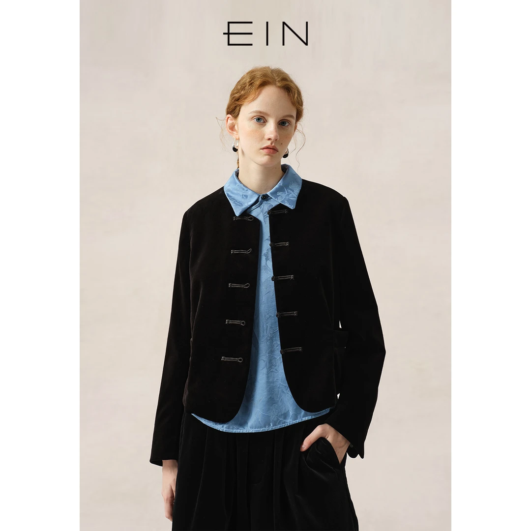 EIN/言静奢新中式对称盘扣流光感平绒无领设计时尚短外套25秋季款