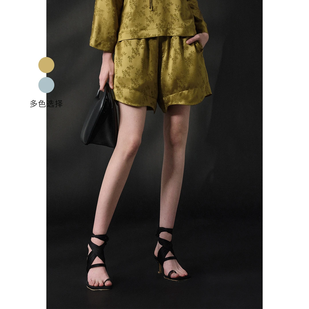 EIN/言文艺新中式竹影提花松紧腰波浪下摆休闲直筒短裤25夏季款