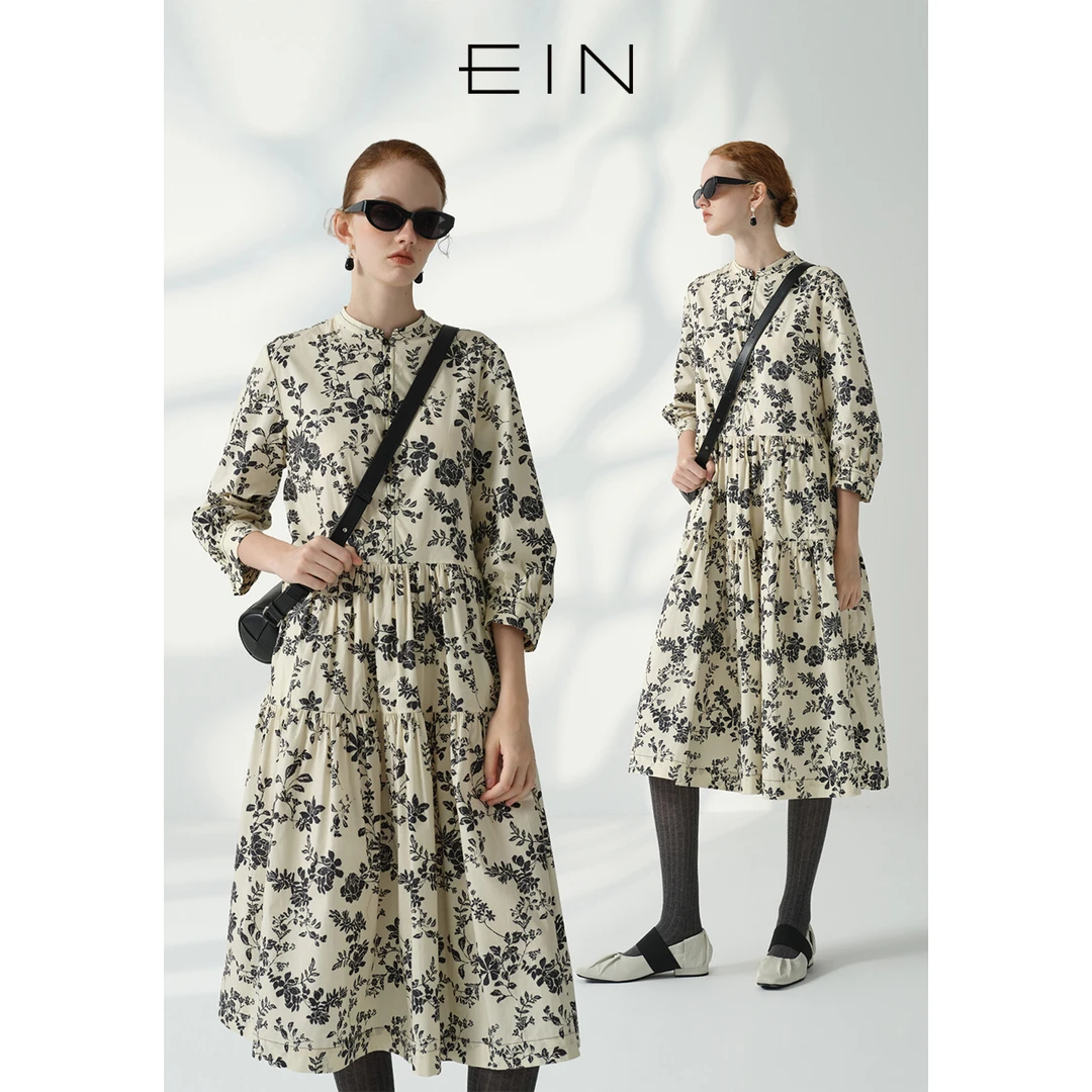 EIN/言腊梅飘香 复古花卉印花小立领灯笼袖碎褶蛋糕裙25夏季款