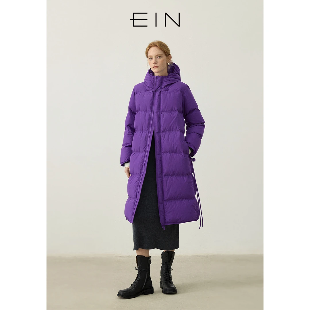EIN/言多巴胺新中式盘扣高领连帽腰带冬季鸭绒中长羽绒服秋冬新款