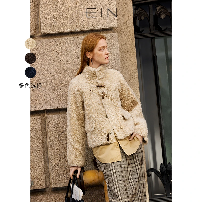 EIN/言雅丹风美拉德牛角扣文艺翻立领毛绒时尚短款小香风25秋冬