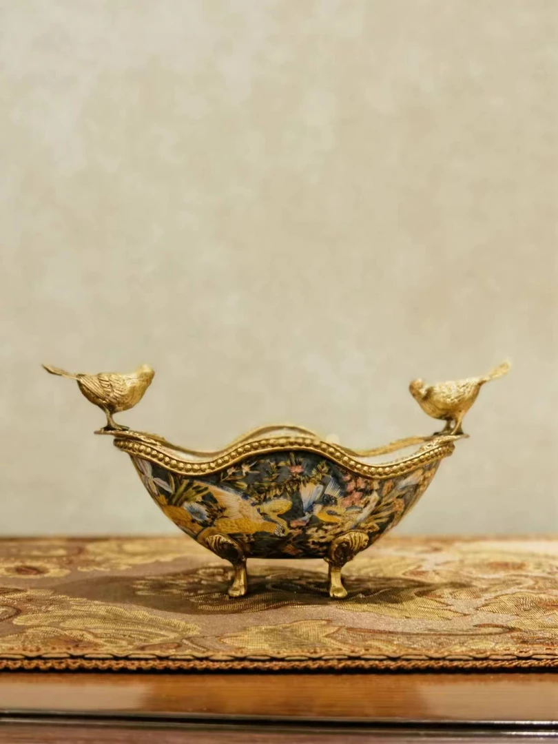 墨菲知美饰/铜配瓷元宝收纳盘/鞋柜/玄关/书房/复古高端桌面摆件