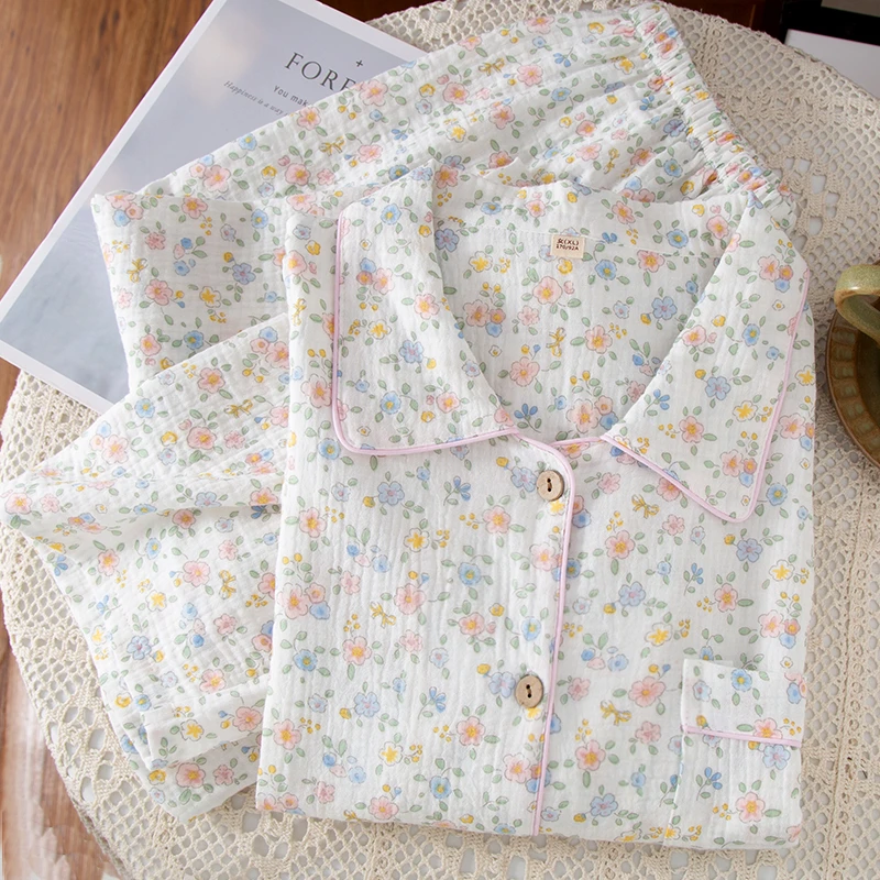 【长袖长裤套装】双层棉纱韩系花岛女士纱布睡衣透气亲肤四季可穿款