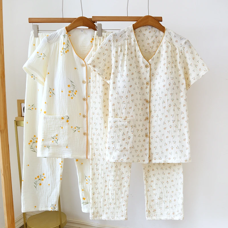 【夏语】夏季纯棉短袖长裤带胸垫睡衣女士大码家居服免穿文胸套装