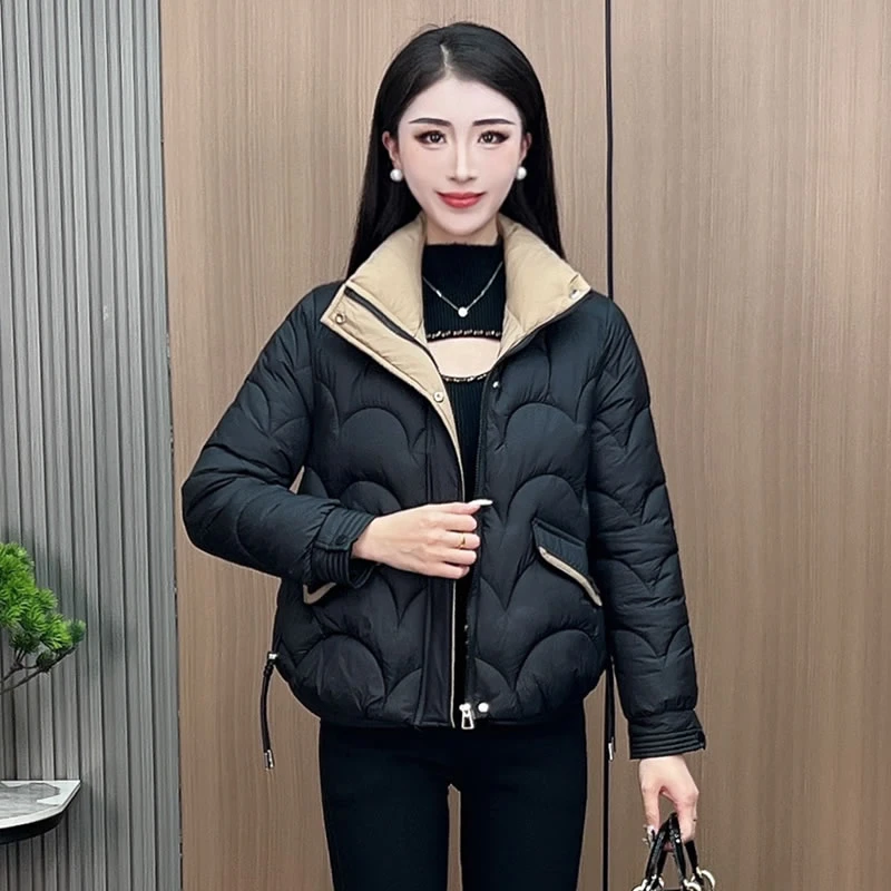 【48小时发货】时尚短款棉服女2024冬季新款洋气拼接宽松显瘦外套