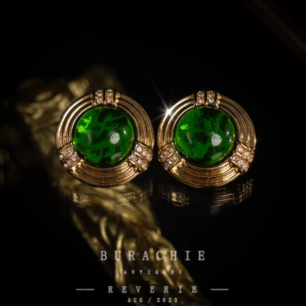 铜合金仿水晶耳饰 【7586】法|经典 吉弗里沃顿绿大颗云纹琉璃