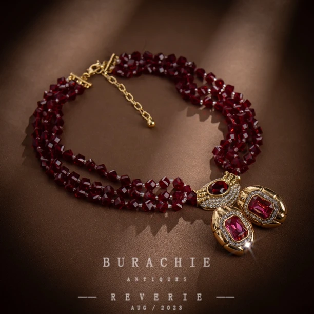 铜合金仿水晶项链 【9307】意老古卓商收藏|石榴红真的是太美了、