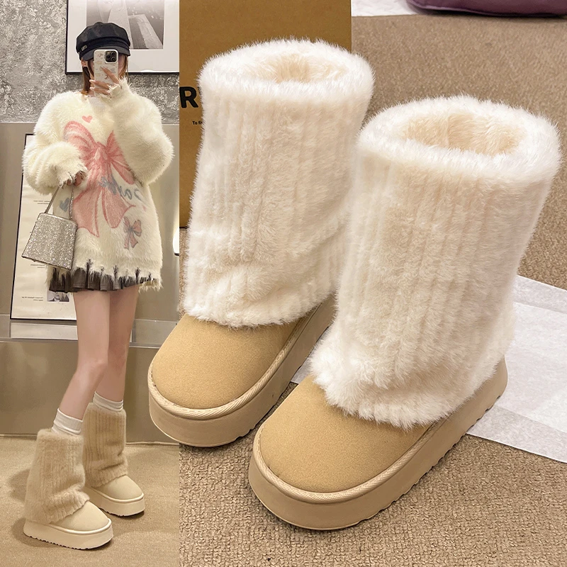 2024新款女生冬季外穿厚底防滑舒适棉鞋加厚高筒棉靴时尚公主风