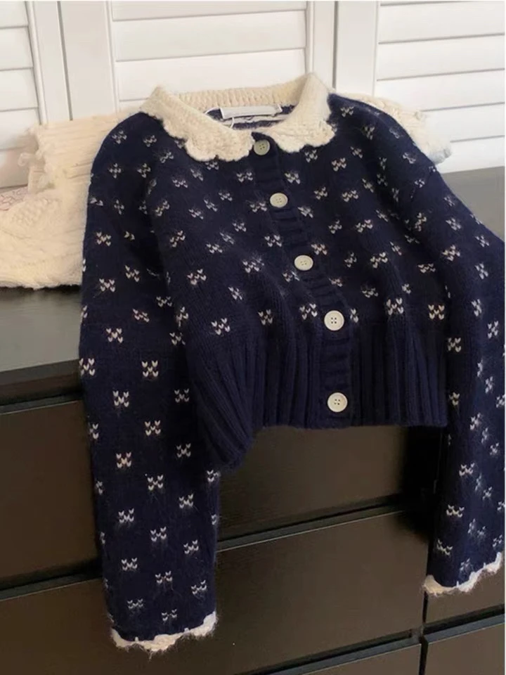 藏青色浣熊绒娃娃领短款毛衣外套女秋冬季加厚慵懒风宽松针织开衫