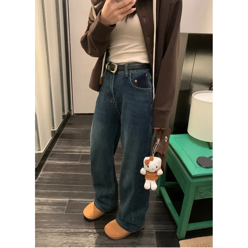 高腰加绒直筒牛仔裤女2024年秋冬加厚保暖大码胖mm宽松显瘦阔腿裤