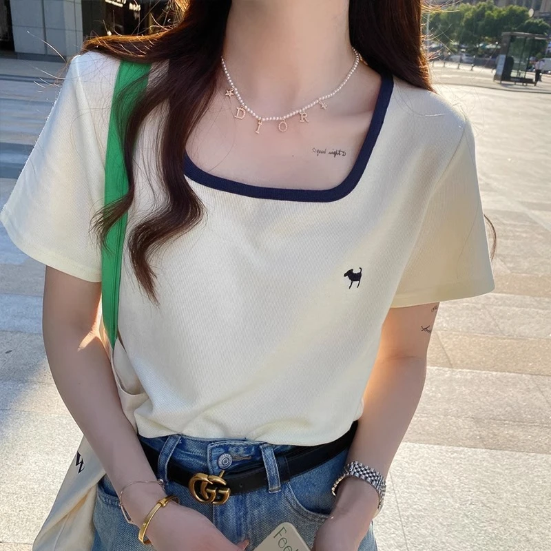 方领正肩短袖T恤女夏季打底衫纯色短款半袖显瘦纯棉上衣2023新款