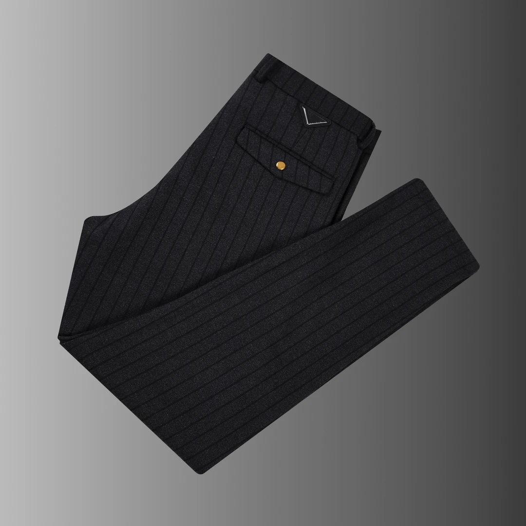 毛呢秋冬厚款男士高档休闲裤直筒修身条纹长裤