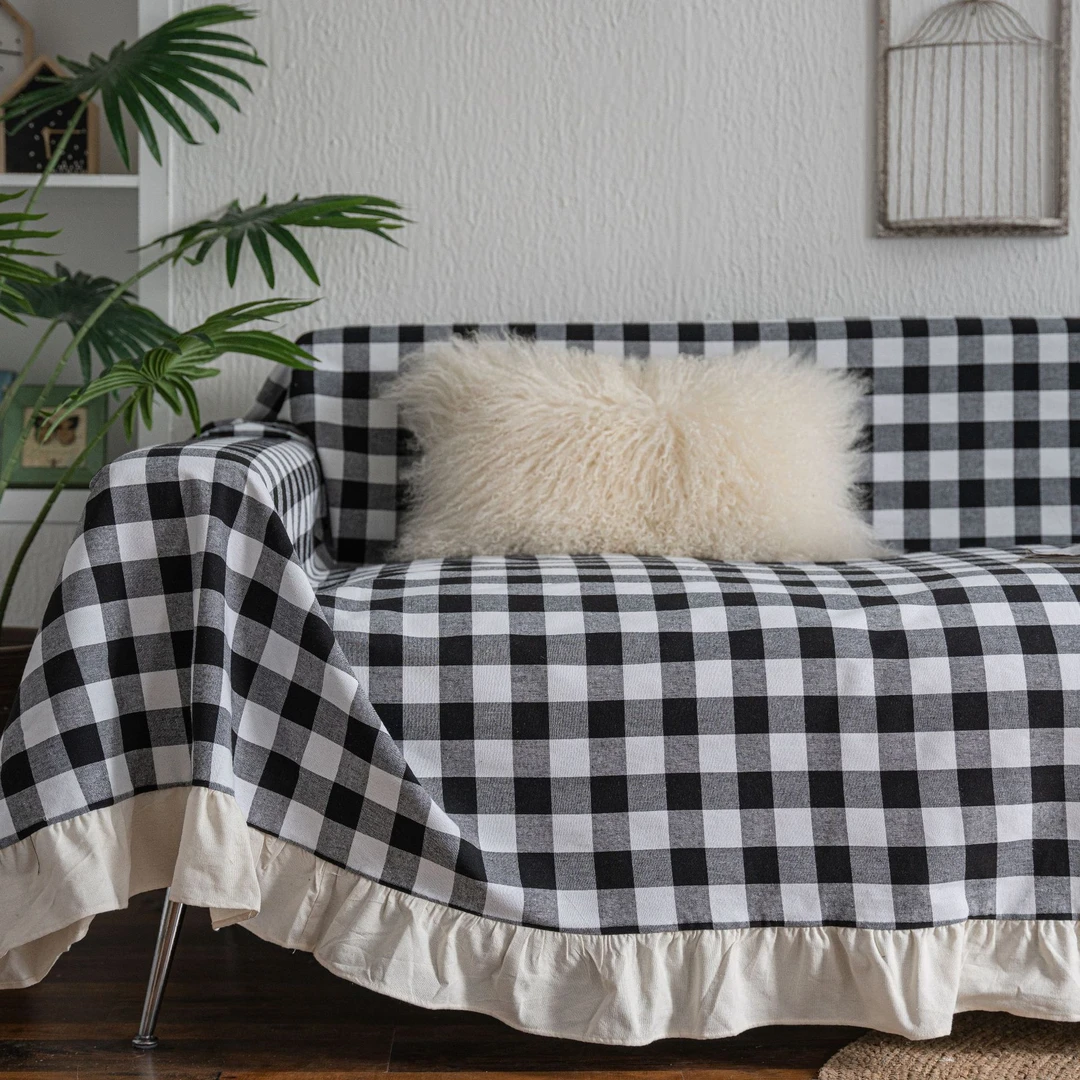 沙发巾色织黑白格子网红田园荷叶边多功能盖巾复古工厂直供防滑