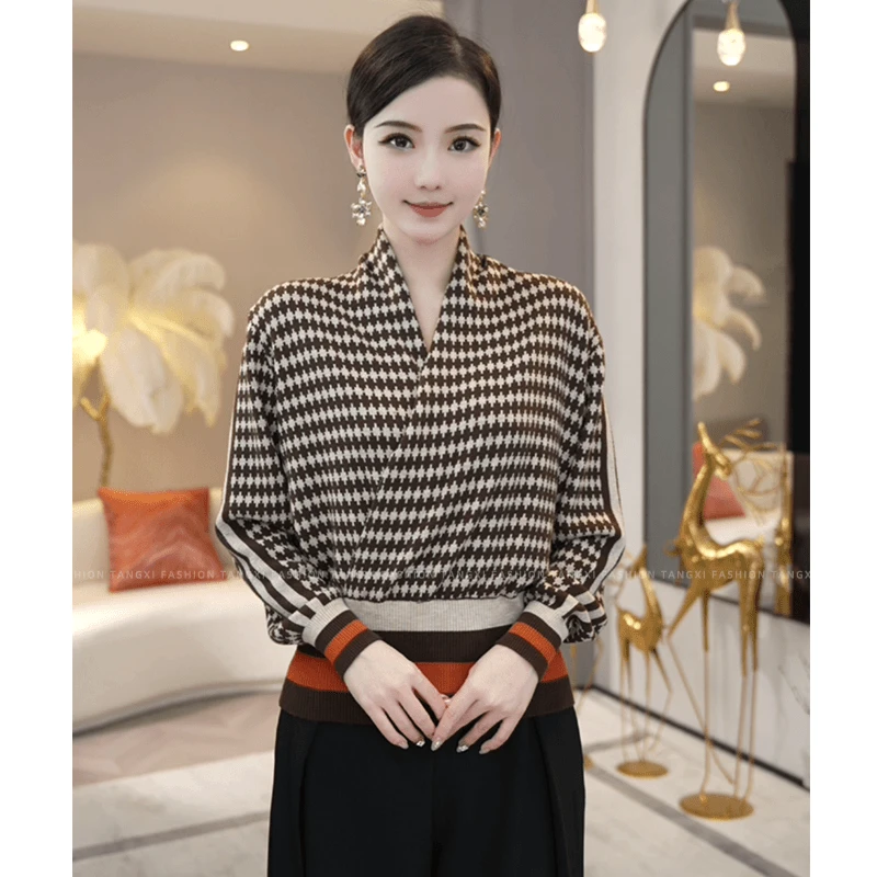 时尚宽松针织衫2025秋冬新款高端女装洋气千鸟格气质女毛衣打底衫