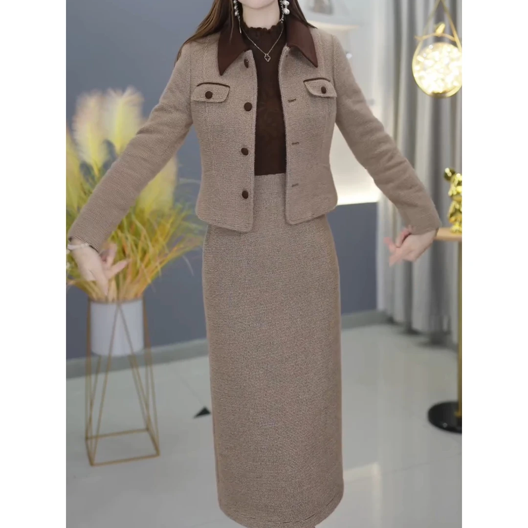 连衣裙外套奶茶咖色套装优雅气质时尚减龄2024秋冬设计感俩件套女