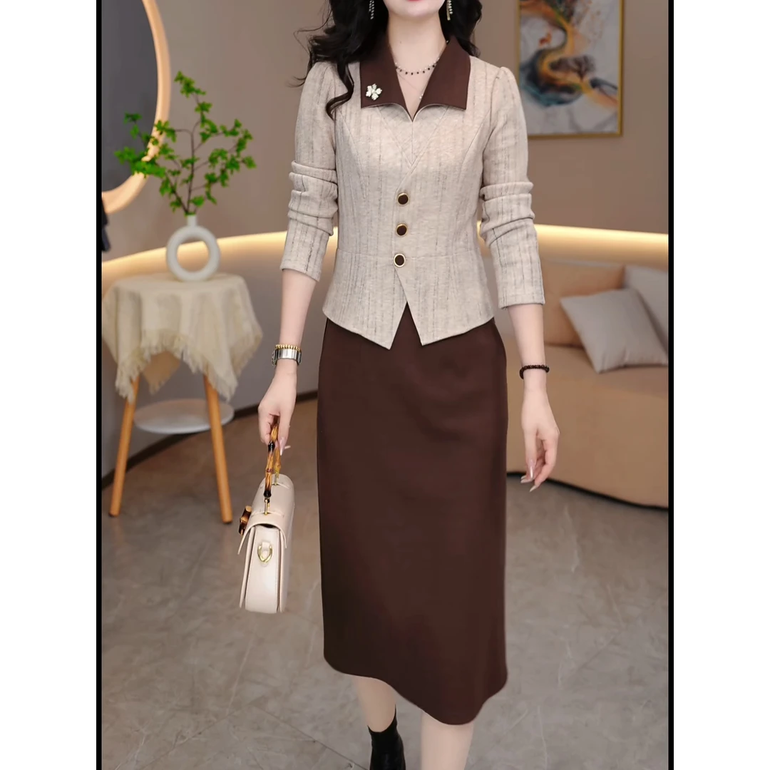 设计感时尚假俩件连衣裙2024新款端庄优雅显瘦遮肚中长款a字裙女