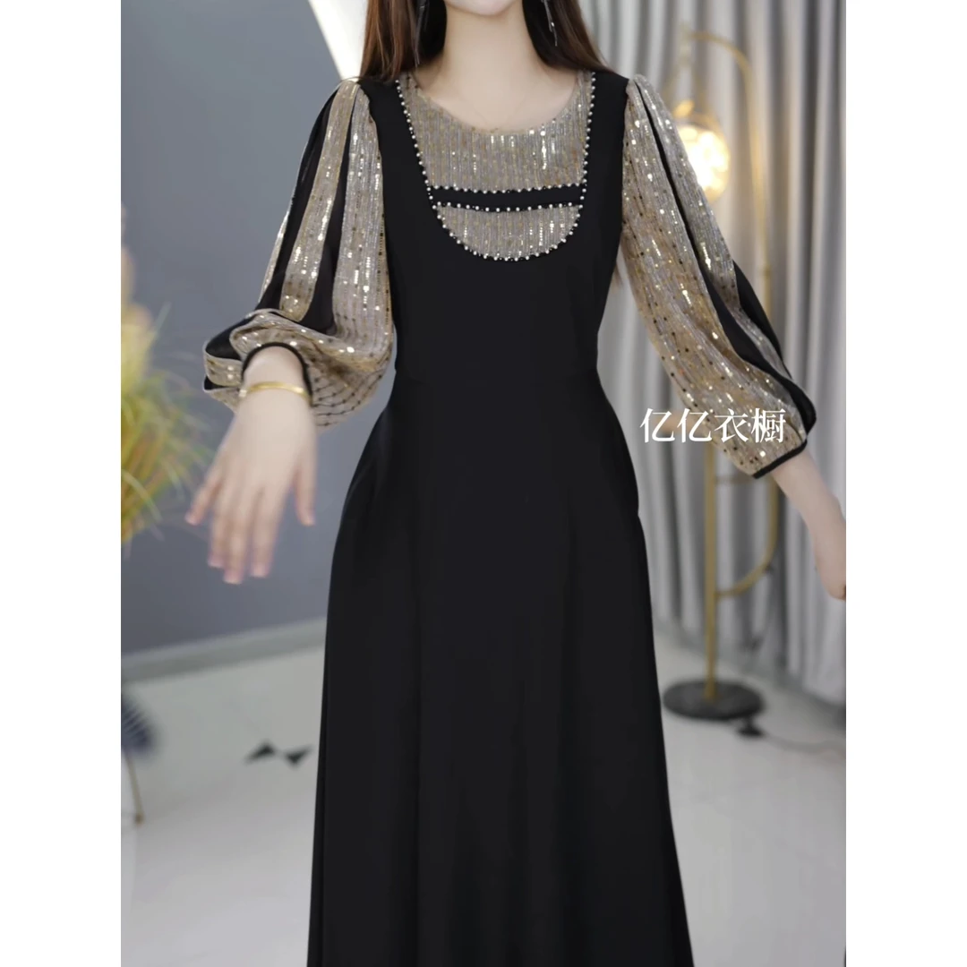 时尚撞色连衣裙2024新款高端气质轻熟风优雅显瘦减龄中长款a字裙