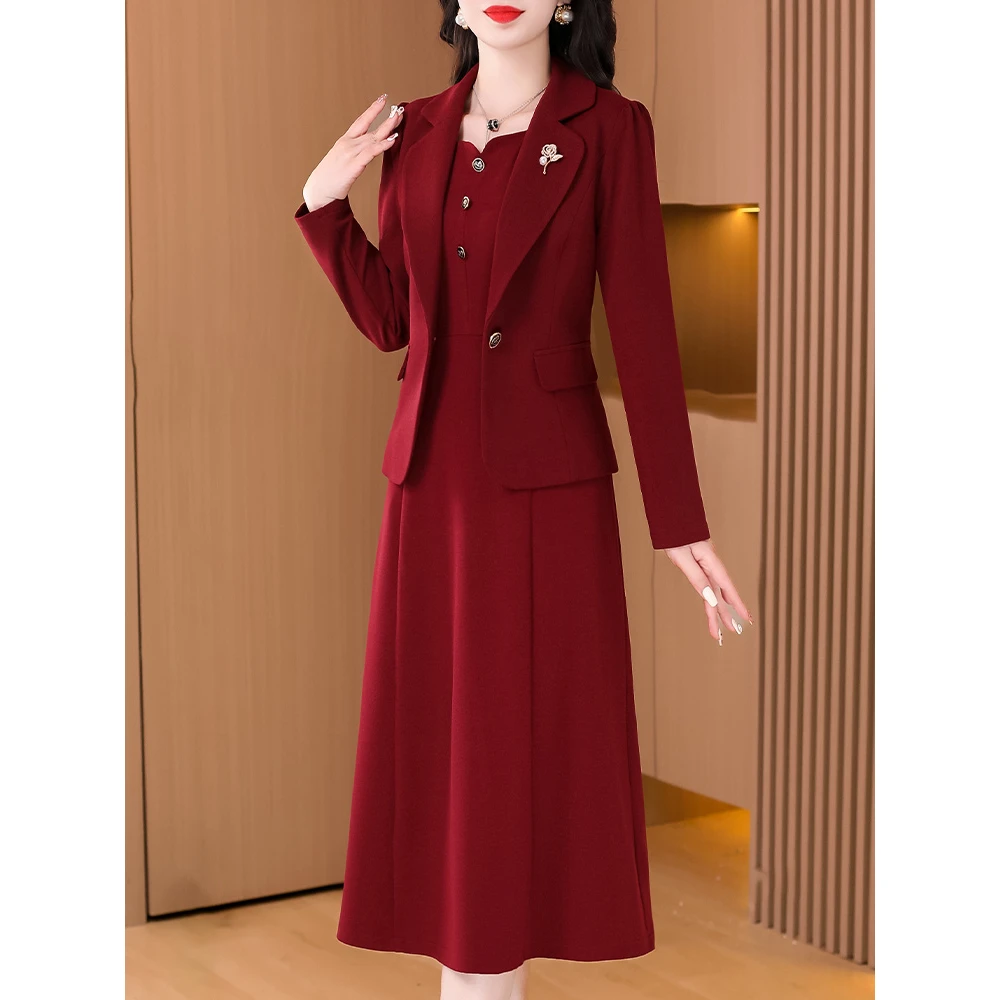 喜婆婆婚宴装女秋平时可穿结婚礼服高贵妈妈红色西装领两件套裙