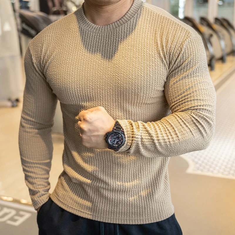 2024新款男士运动健身房美式螺纹上衣跑步训练服秋冬圆领长袖T恤