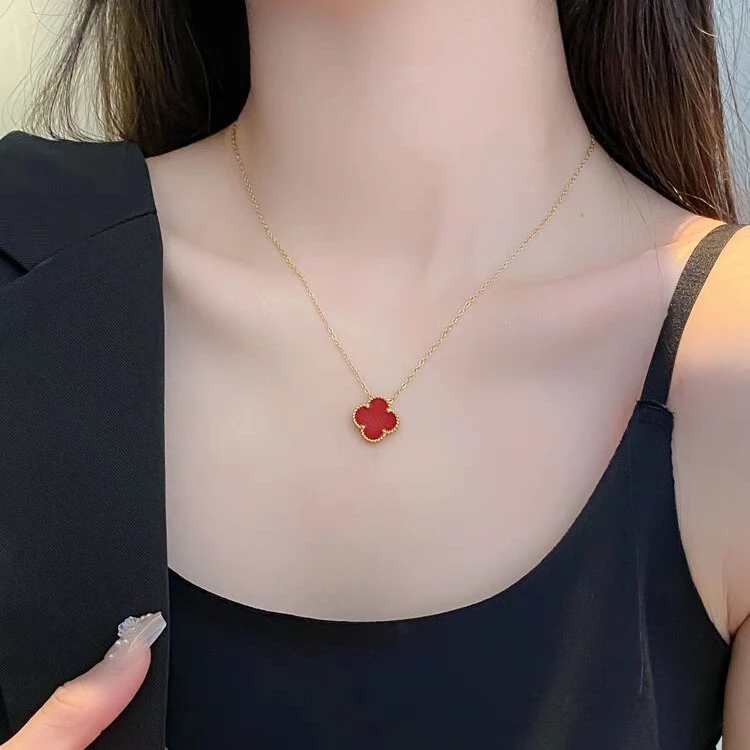 钛钢吊坠 双面四叶草项链吊坠幸运草轻奢红色经典百搭气质锁骨链