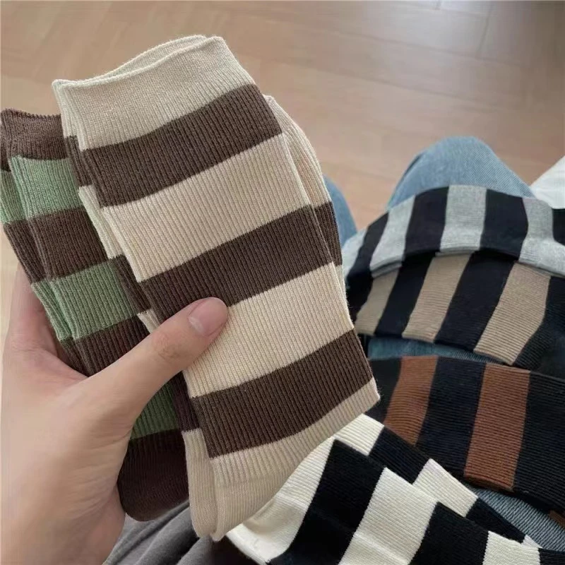 2023新款秋冬粗条拼色袜子中筒袜双针潮袜小腿袜女日系百搭袜子