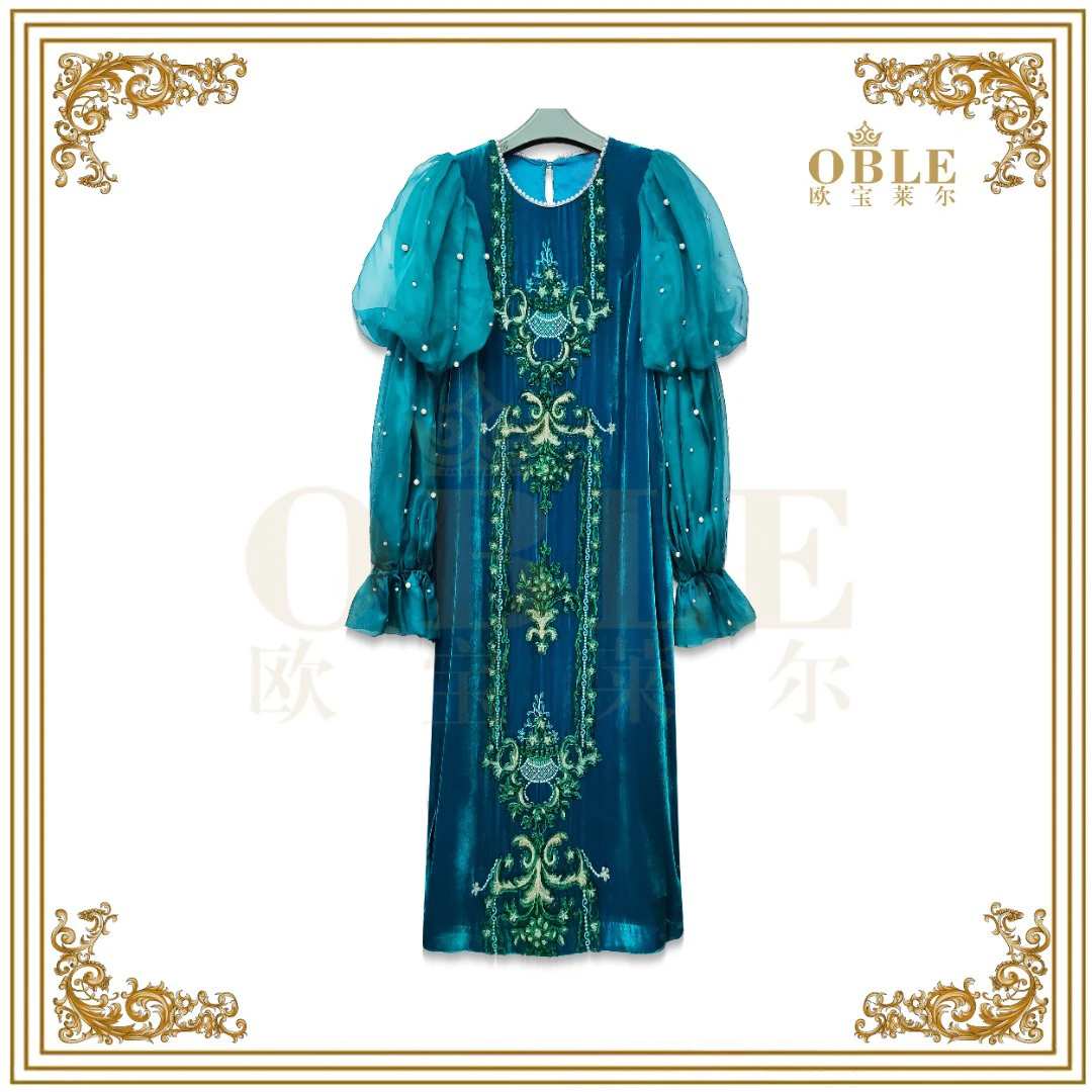 【欧宝莱尔】OBLE新款轻奢优雅气质显瘦长款孔雀蓝连衣裙61-6660