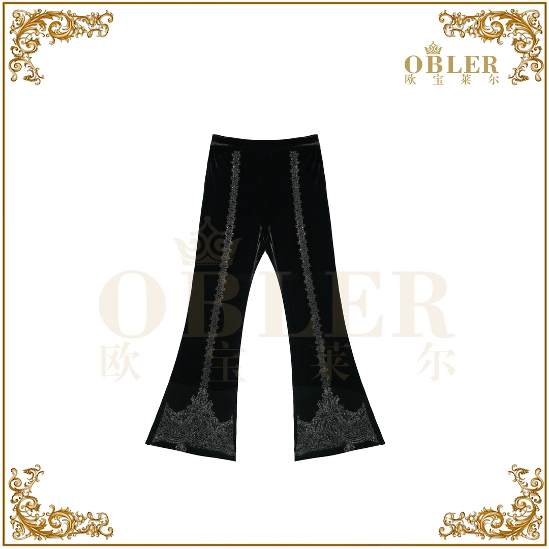 【杨子专属】欧宝莱尔宫廷风刺绣微喇长裤秋季黑色长款305-24971