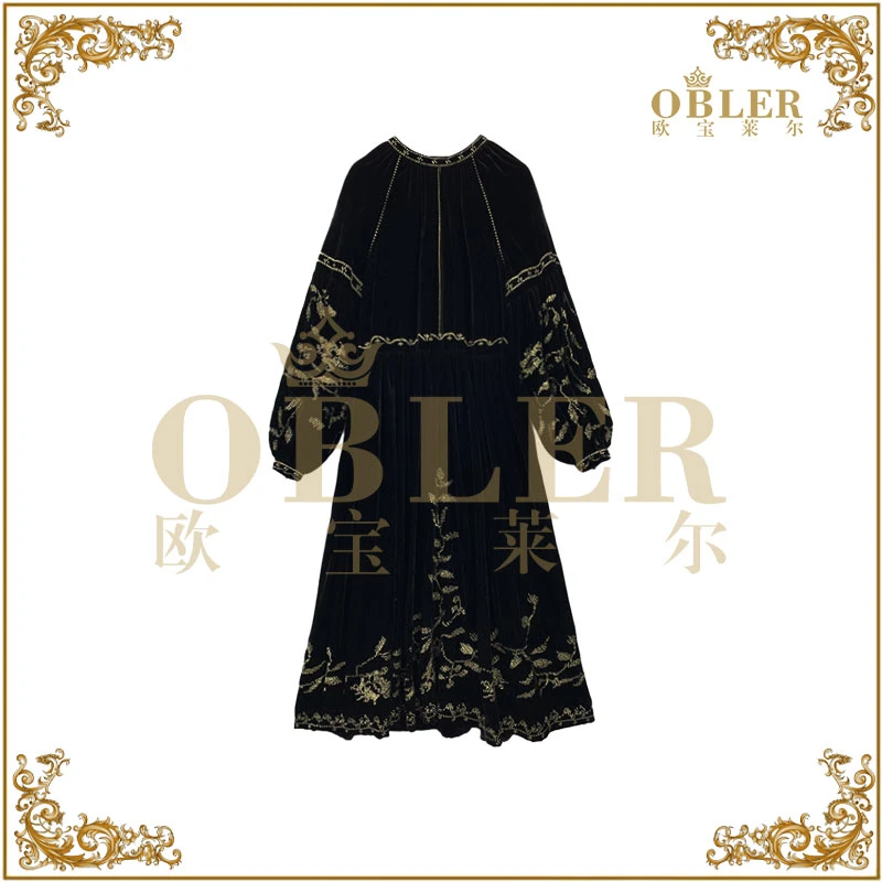 【欧宝莱尔】OBLER2024秋冬气质轻奢优雅刺绣连衣裙305-24931
