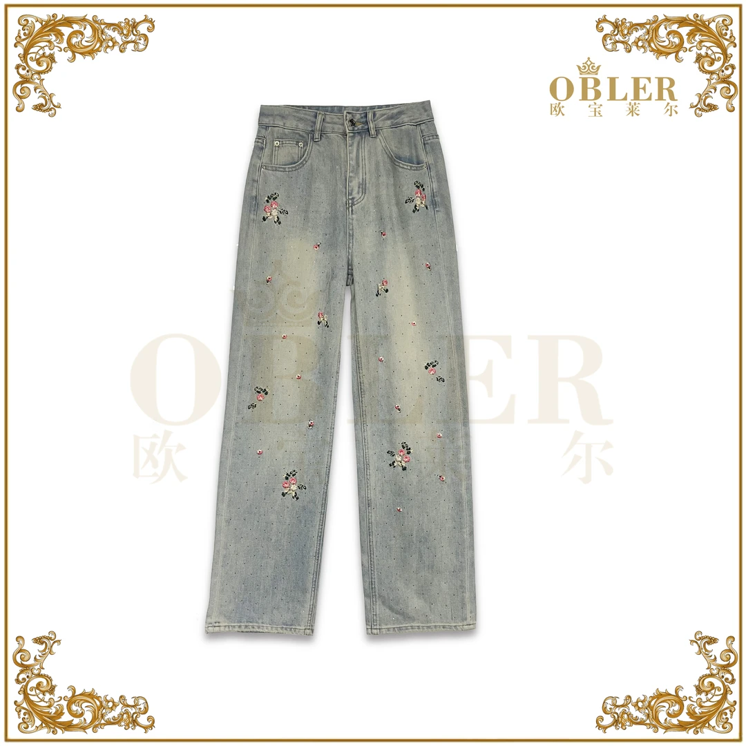 【欧宝莱尔】时尚实穿百搭气质牛仔裤896-6291-2粉花