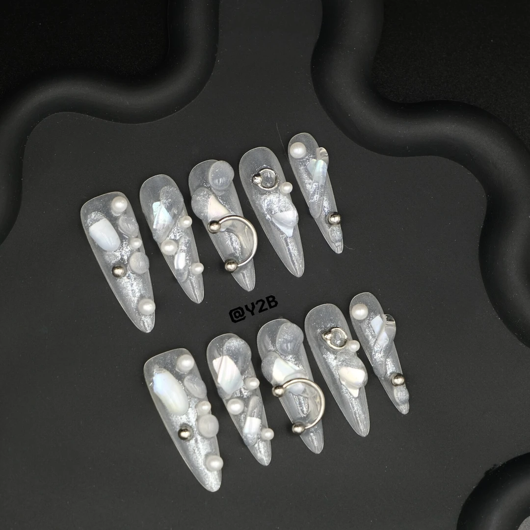 Y2B【玻璃珠】2024长款纯手工穿戴甲夏季白色清透珍珠美甲