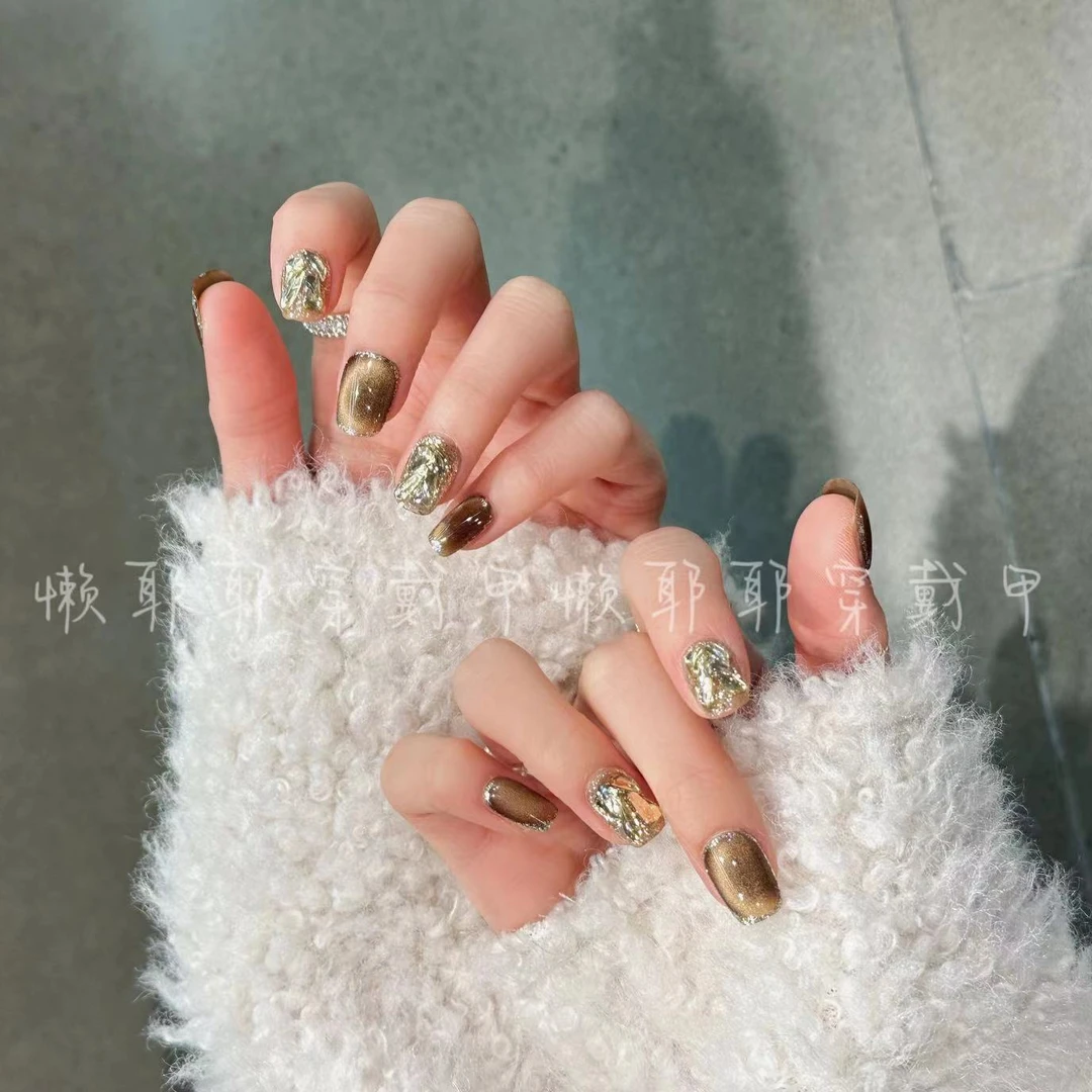 【古巴比伦】纯手工穿戴甲精致可拆卸美甲贴 美拉德秋冬咖色猫眼