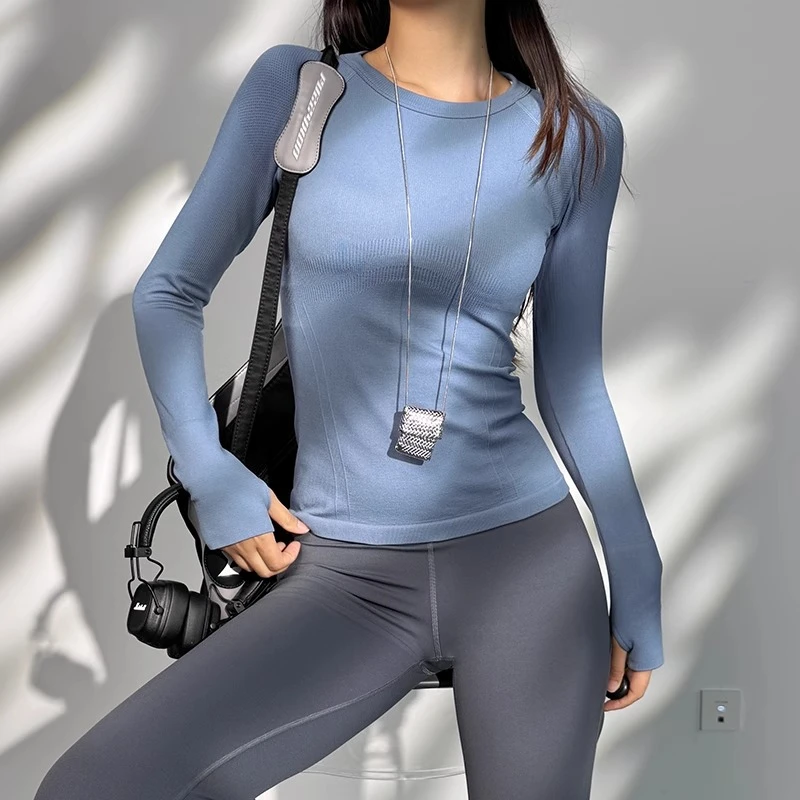 2025秋冬无缝弹力透气运动长袖女跑步训练健身服瑜伽休闲上衣新款