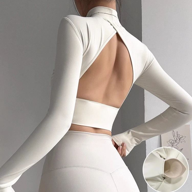 云端贝壳小高领含胸垫运动上衣女镂空美背瑜伽服跑步训练健身长袖