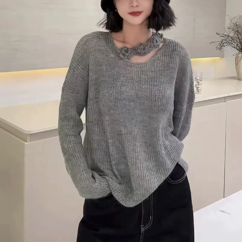 重工别致灰色钩花套头针织毛衣外套女冬季慵懒高级感[直播链接]