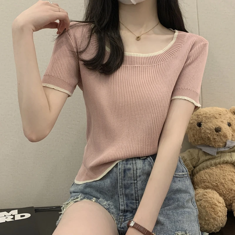 夏季新款方领大码短袖t恤女修身显瘦冰丝薄款针织衫百搭遮肉上衣