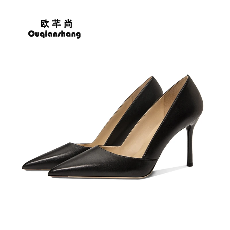 气质性感皮面拼接时尚尖头高跟鞋单鞋细跟女鞋黑色浅口职业百搭