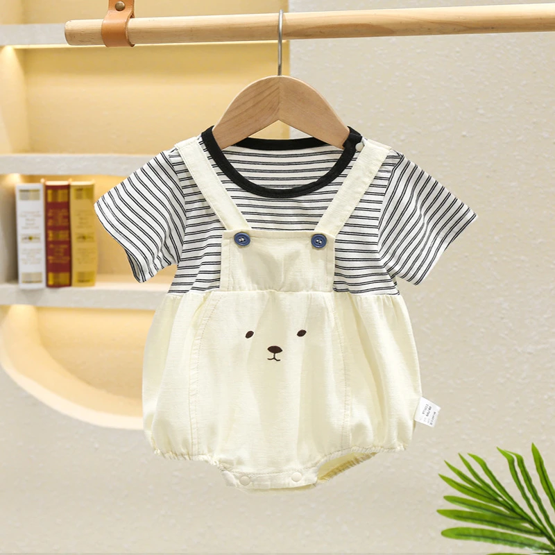 婴儿衣服夏季条纹连体衣假两件男女宝宝可爱洋气哈衣满月三角爬服
