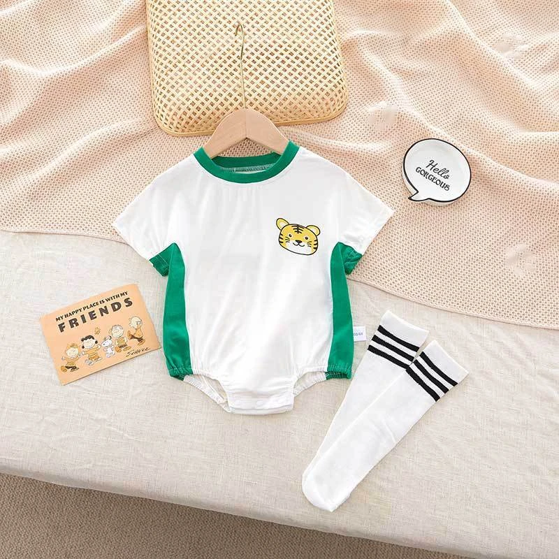 新生儿夏季半袖家居服男女宝宝带袜包屁衣婴幼儿短袖三角爬爬服