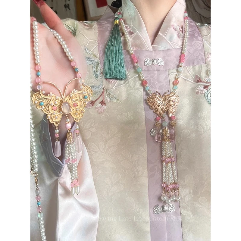合金树脂项链 国风粉色蝴蝶璎珞长款流苏串珠项链新中式小众古装