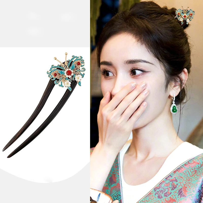 烧蓝蝴蝶u型发簪女高级感檀木新中式簪子清冷感2024新款高端发饰