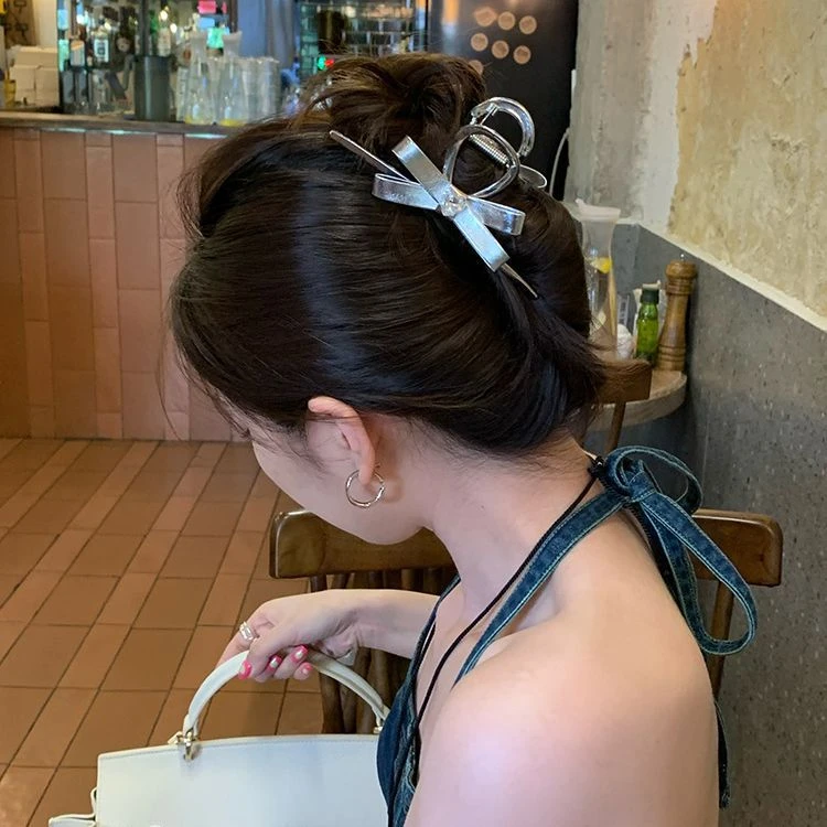 松萌 合金发饰 银色蝴蝶结抓夹后脑勺发饰头饰高级感鲨鱼夹发夹女
