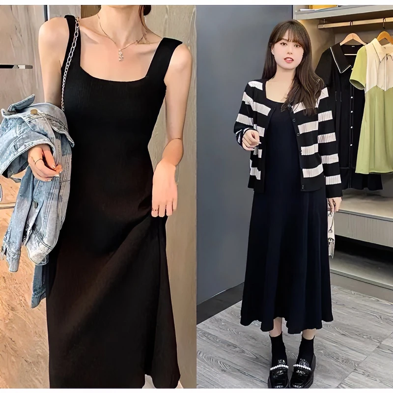 2023新款打底春秋气质法式吊带连衣裙宽松遮肚子黑色胖妹妹200斤