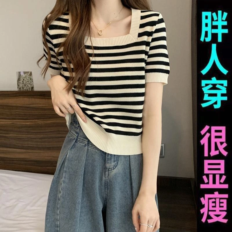 大码短袖方领上衣2024薄款宽遮肚子小众洋气针织t恤女胖妹妹220斤