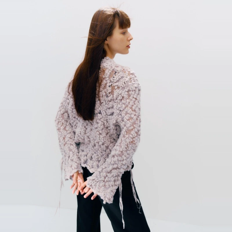PINKVERGE*BrocadeSweater绵羊毛镂空扭花毛衣宽松纯色慵懒针织衫