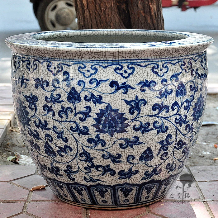 景德镇陶瓷器裂纹釉手绘青花瓷鱼缸中国风睡莲荷花书画缸锦鲤家用