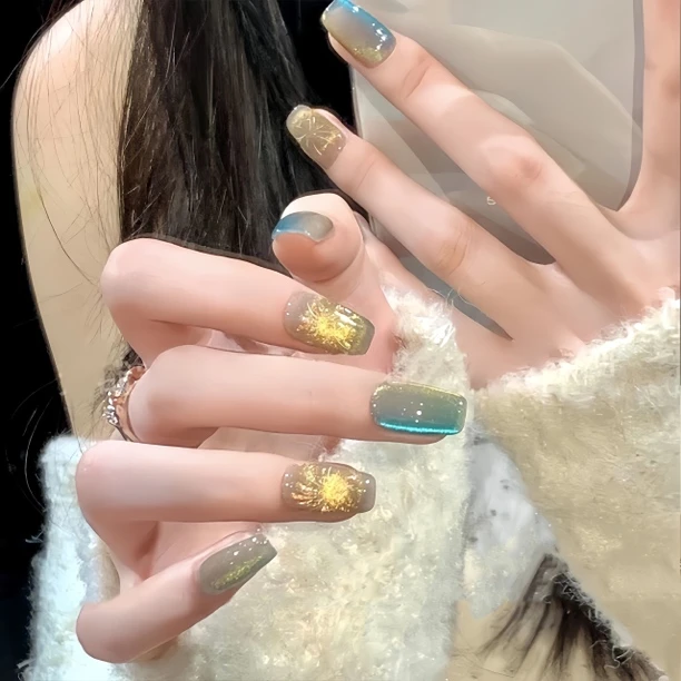 【烟花猫眼】纯手工简约夏日爆闪穿戴式美甲女神气质流行梯形穿戴甲