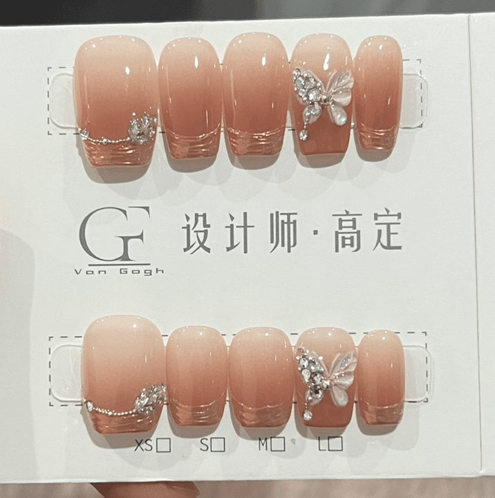 【四时茶】纯手工冰透可拆卸方形法式蝴蝶风简约穿戴式美甲