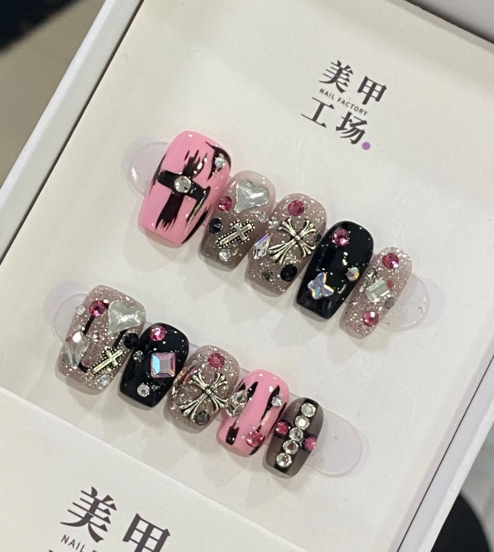 【西部少女】纯手工手绘可拆卸方形猫眼带钻西部风简约穿戴式美甲